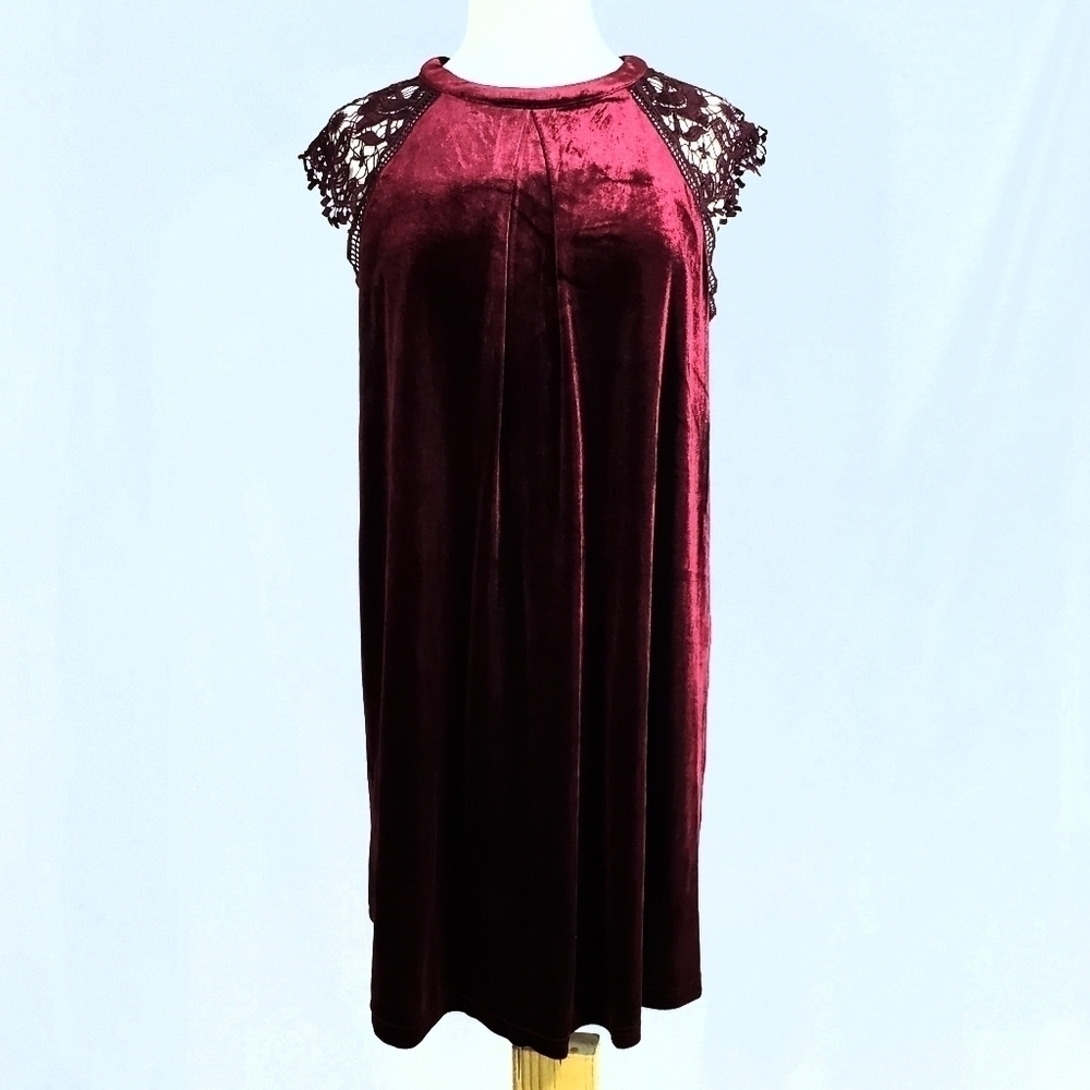 She + Sky Velvet Lace Maroon Shift Dress